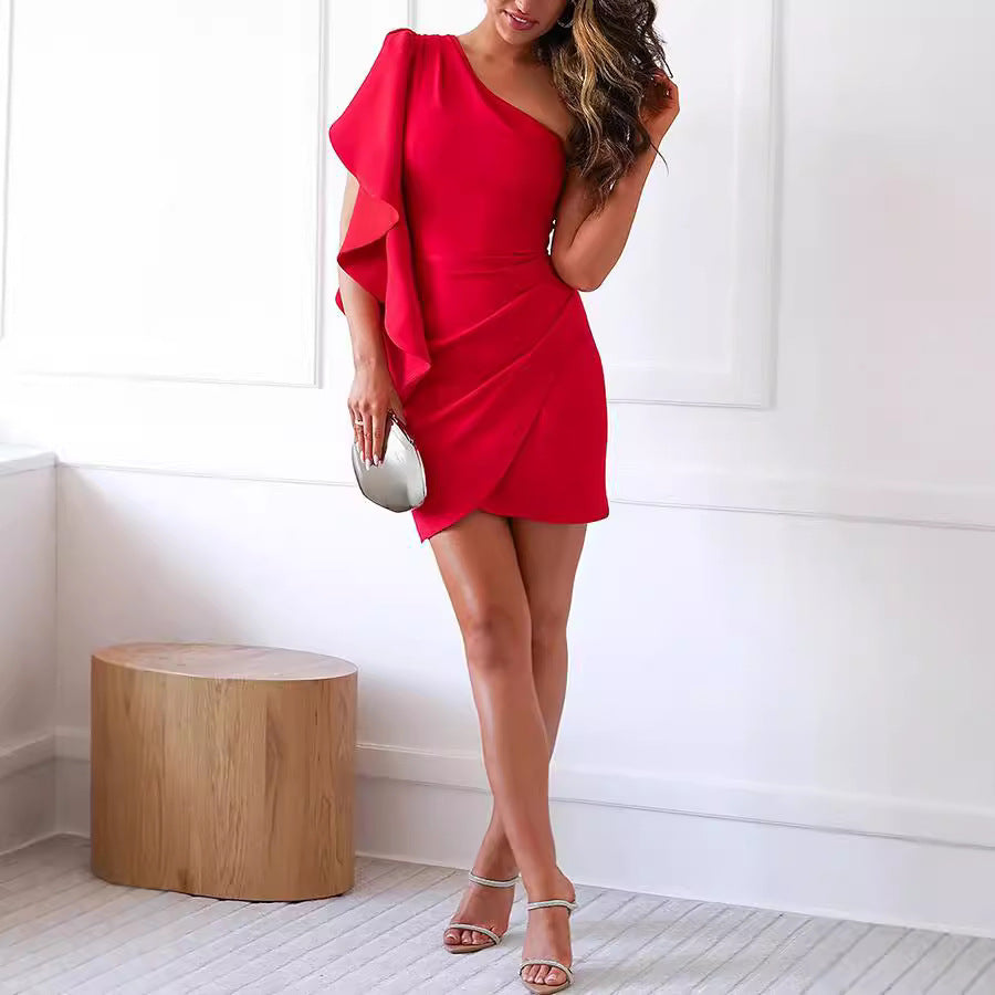 One Shoulder Ruffle Sleeve Ruched Tulip Hem Bodycon Mini Dress