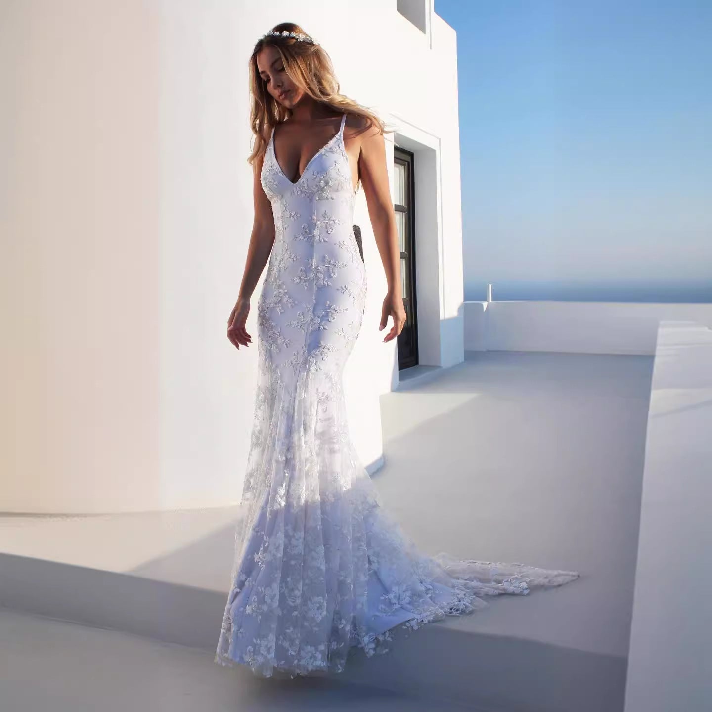 Women Attractive V neck White Cami Maxi Dress