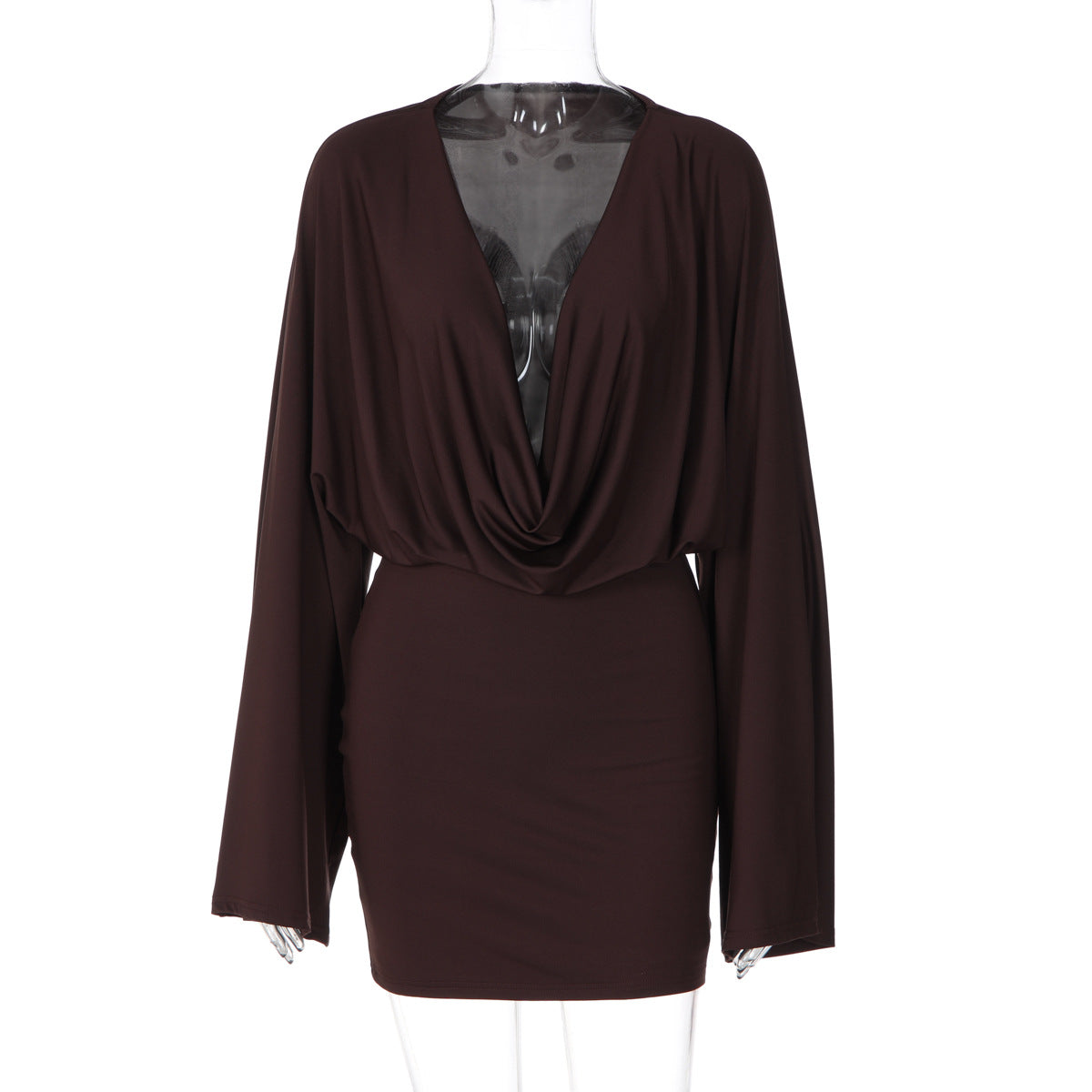 Deep V-Neck Cowl Front Flared Long Sleeve Bodycon Mini Dress 6