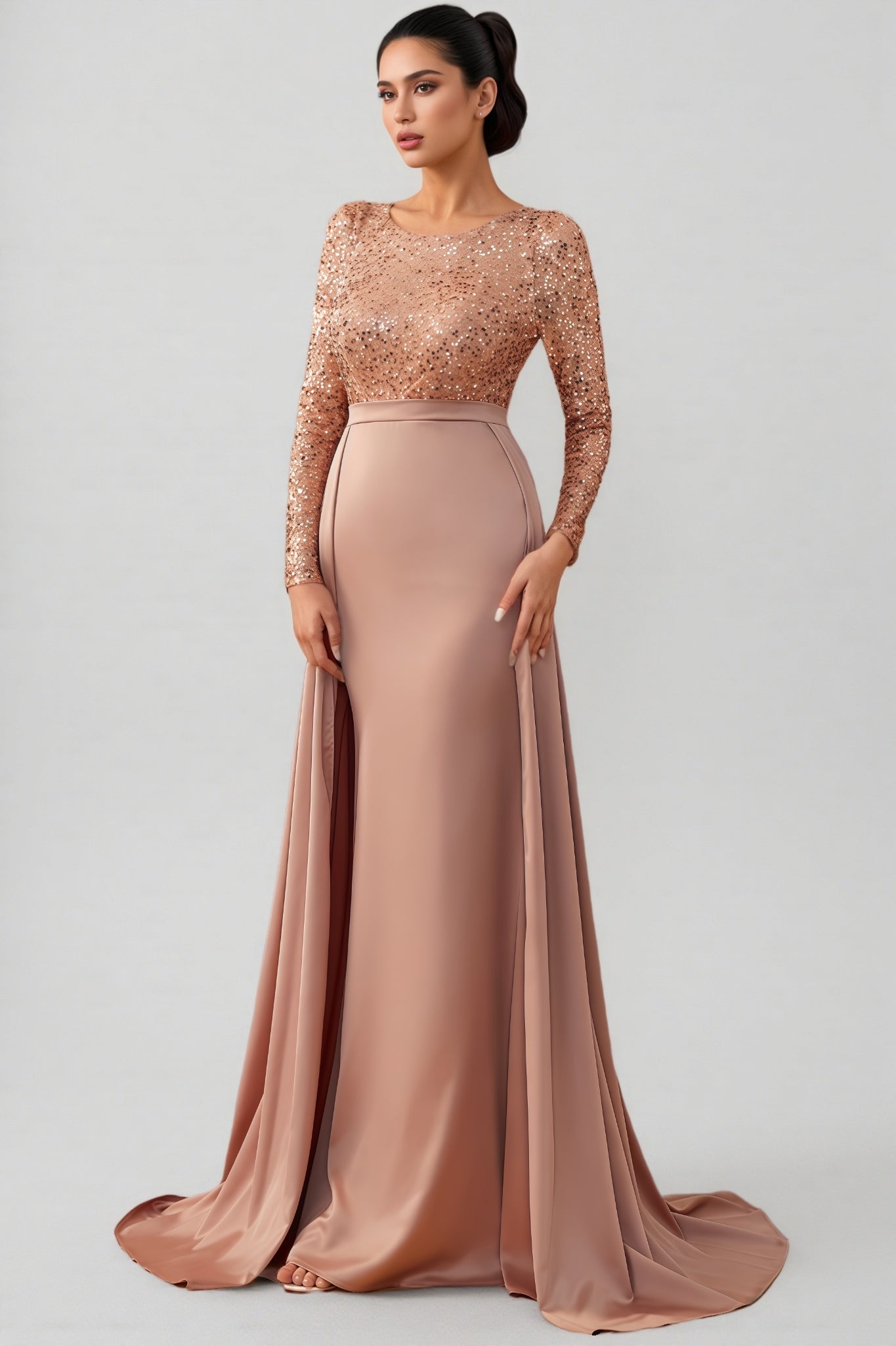 Sequin Long Sleeve Round Neck Satin Maxi Dress