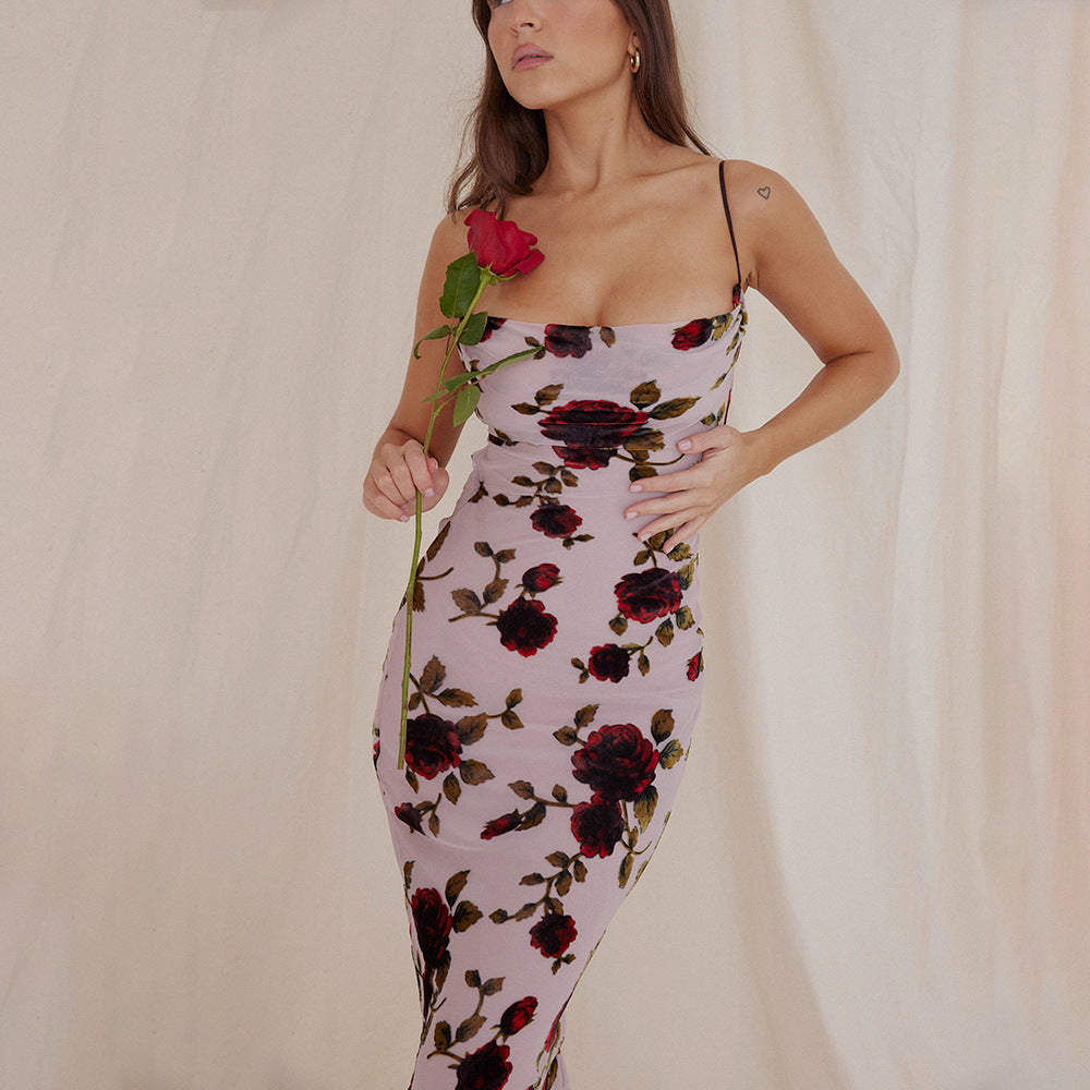 Floral Print Spaghetti Strap Lace Up Backless Slip Maxi Dress