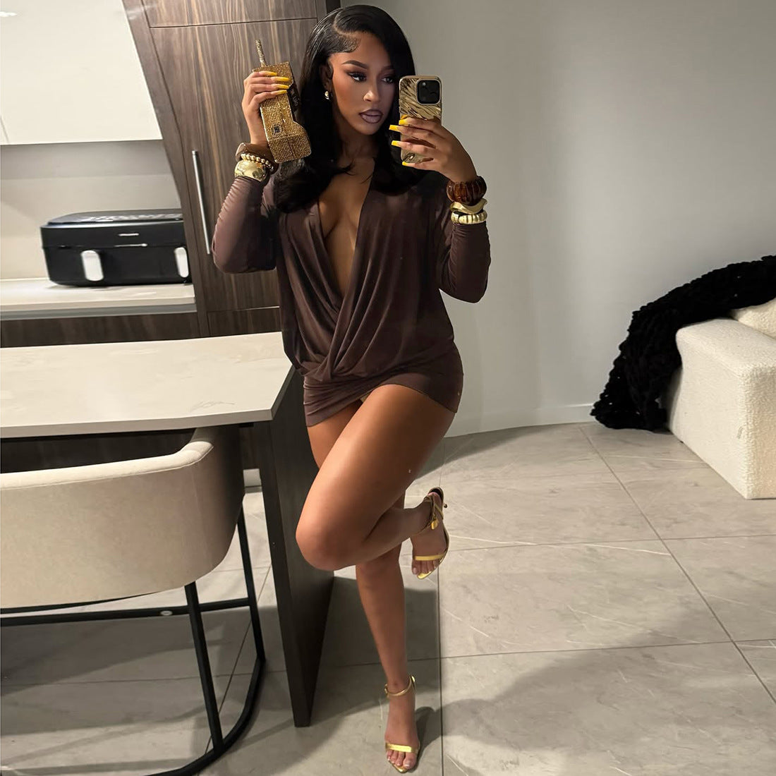 Deep V-Neck Long Sleeve Draped Wrap Front Bodycon Mini Dress