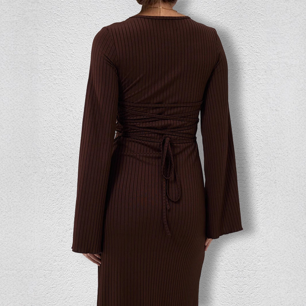 Ribbed Knit Scoop Neck Bell Sleeve Bodycon Maxi Dress