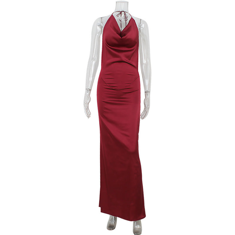Satin Cowl Neck Halter Backless Bias Cut Maxi Dress 4