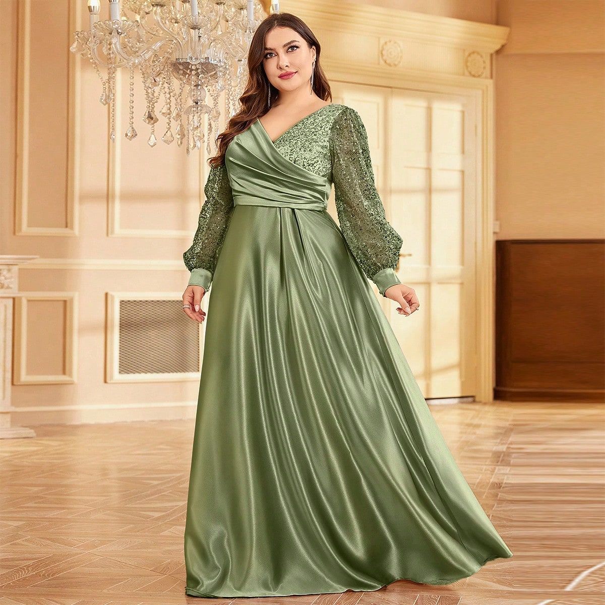 Satin V-Neck Bishop Sleeve Sequin Wrap A-Line Formal Gown