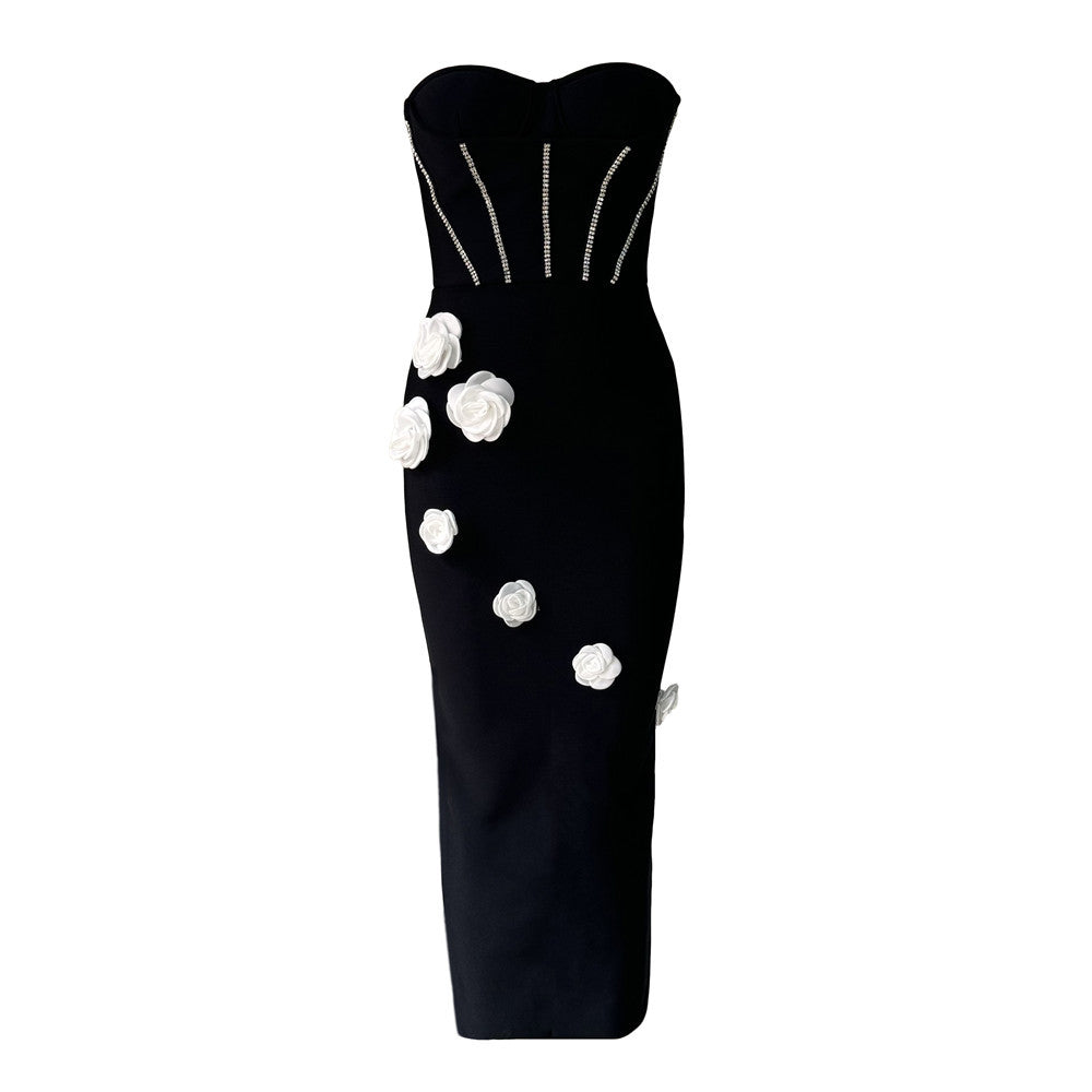 Rhinestone Bodice Strapless 3D Rose Applique Bandage Midi Dress