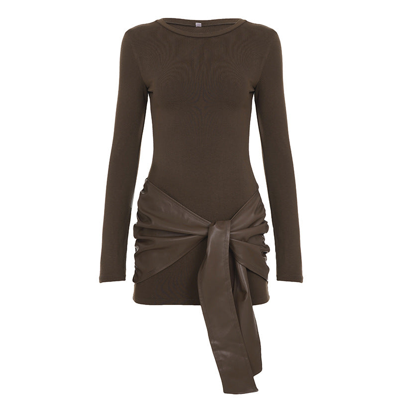 Crew Neck Long Sleeve Faux Leather Tie Waist Bodycon Mini Dress 3