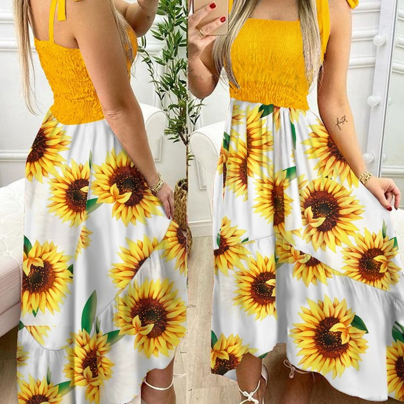 Floral Print Shirred Tie Strap Ruffle Hem Midi Dress
