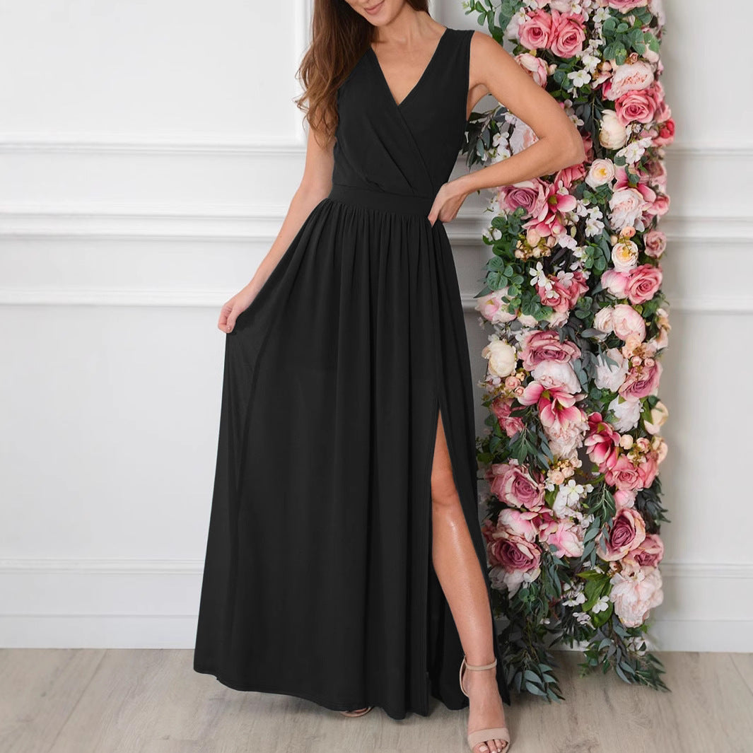 Surplice V-Neck Sleeveless Pleated High Split Maxi Dress