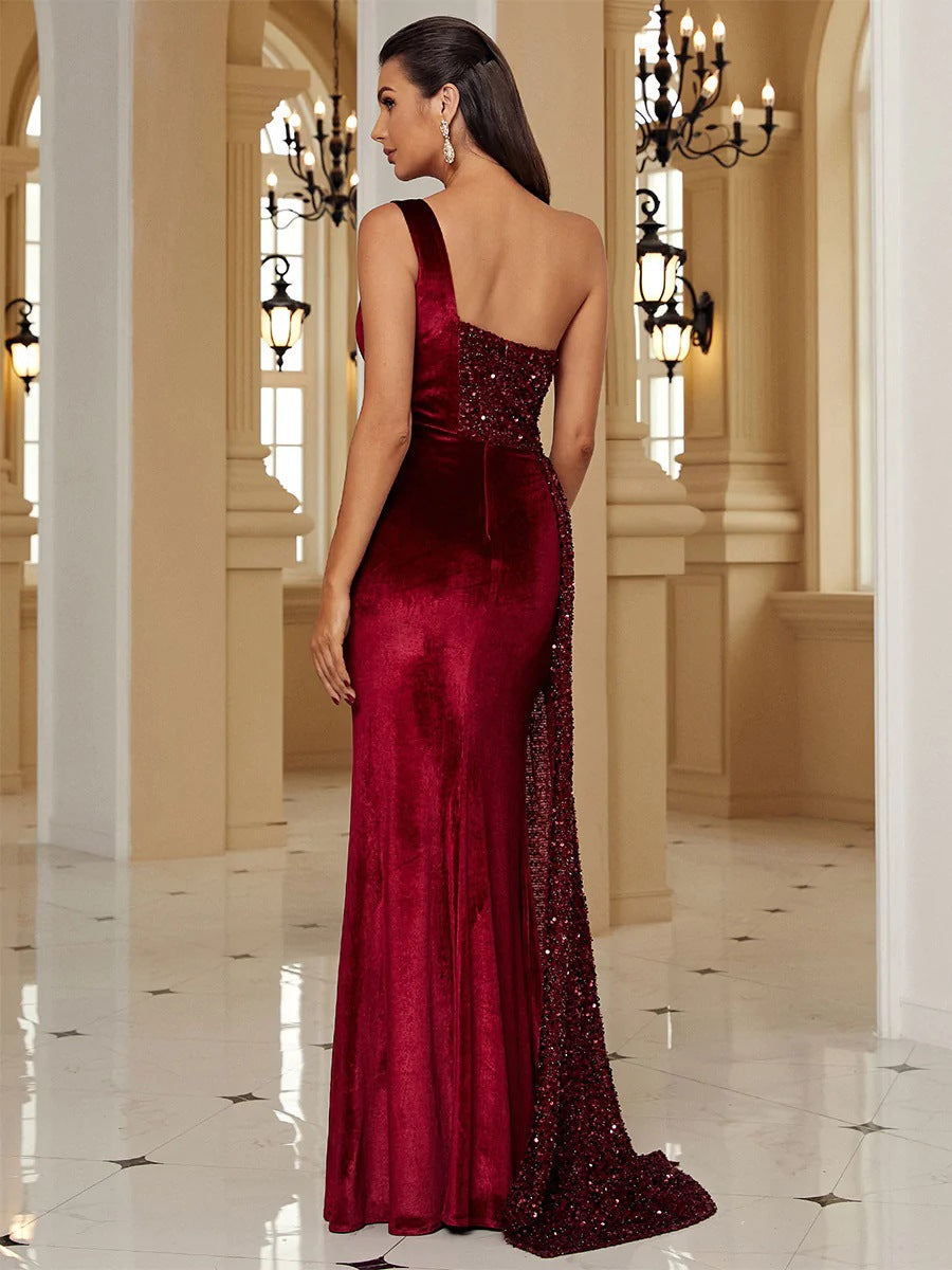 One Shoulder Sequin Velvet Ruched High Split Mermaid Maxi Gown