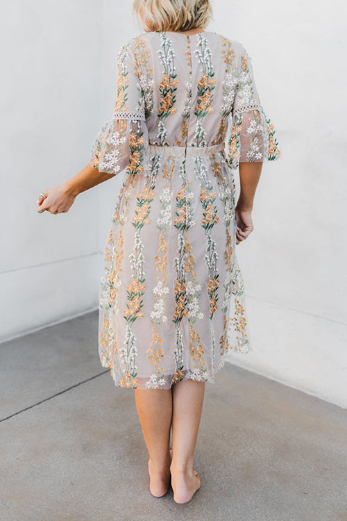 Flutter Sleeves Bloom Embroidered Dress