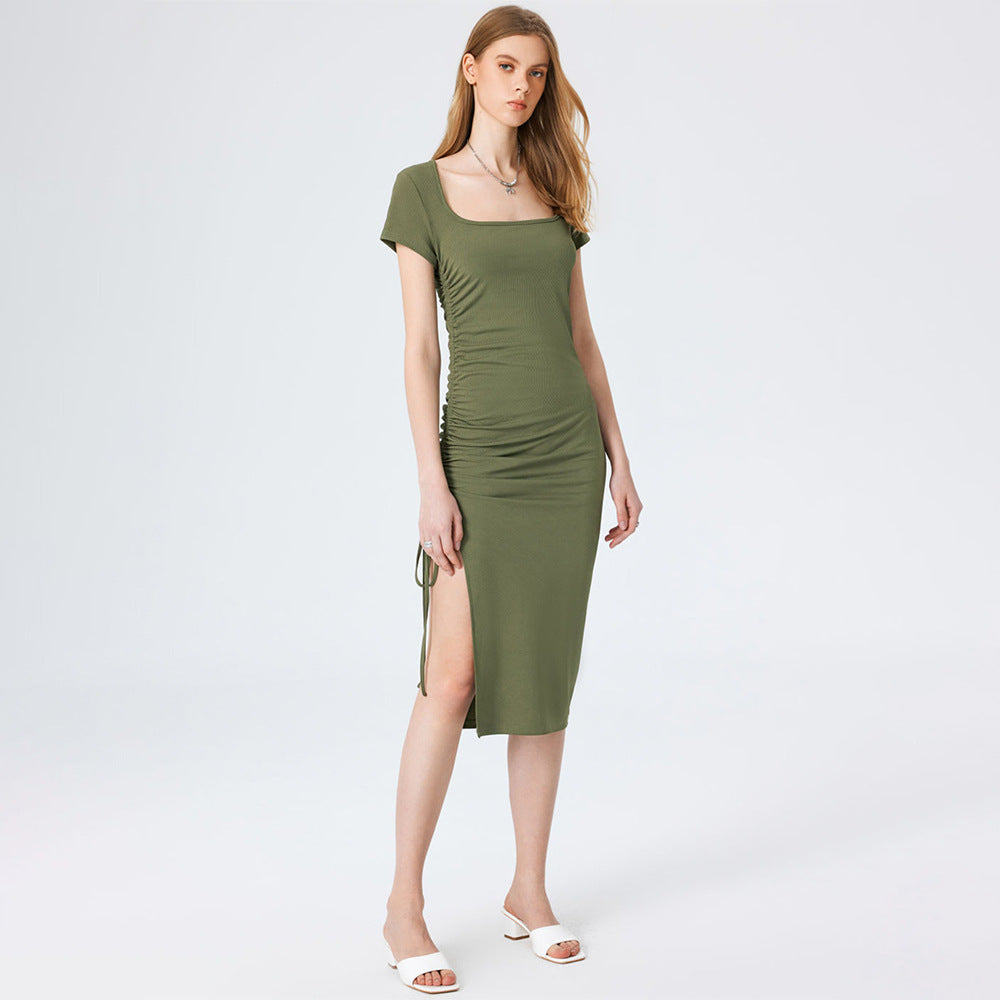 Ribbed Square Neck Short Sleeve Ruched Drawstring Side Bodycon Midi Dress 3