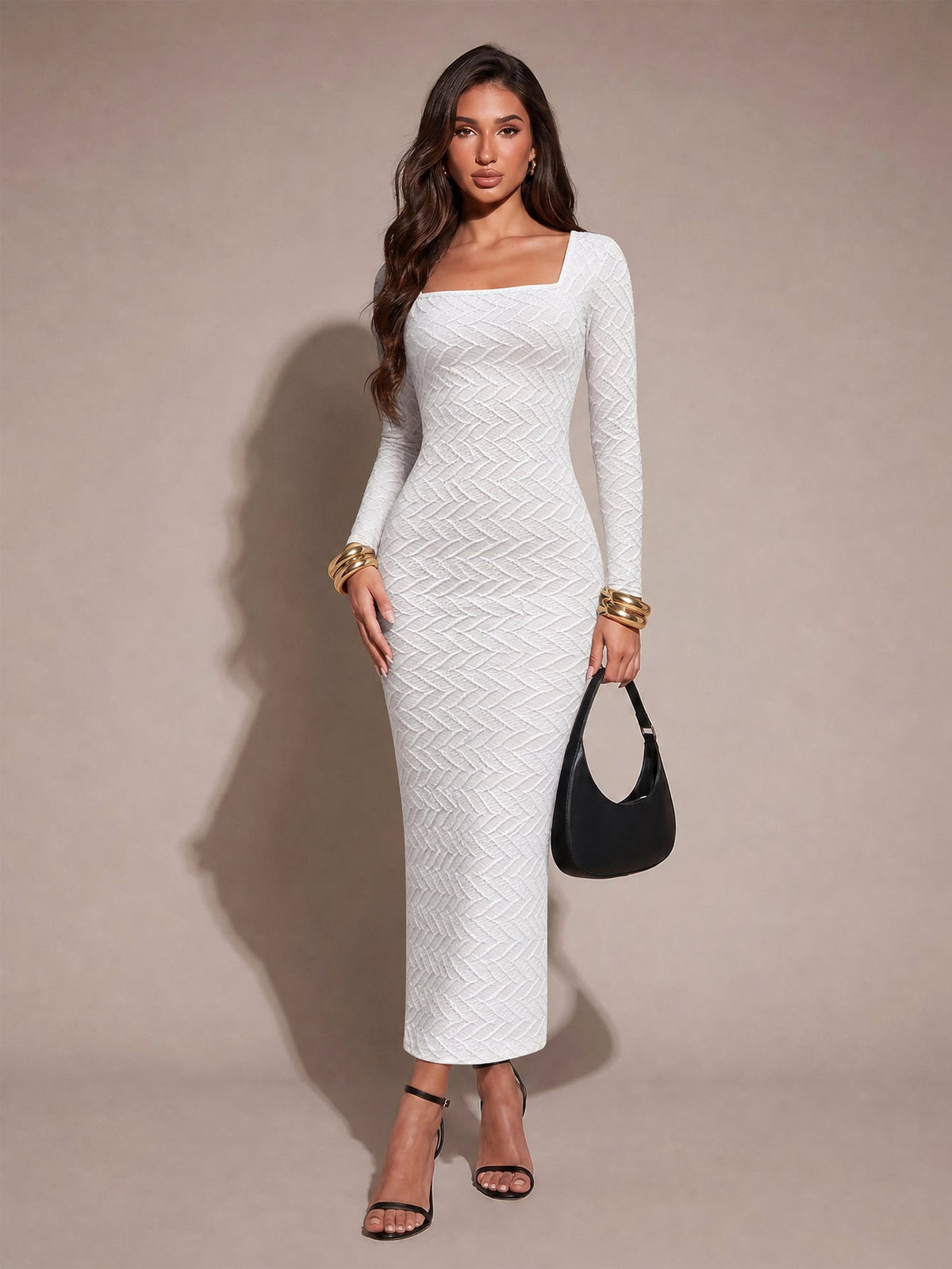 Textured Knit Square Neck Long Sleeve Bodycon Maxi Dress 4