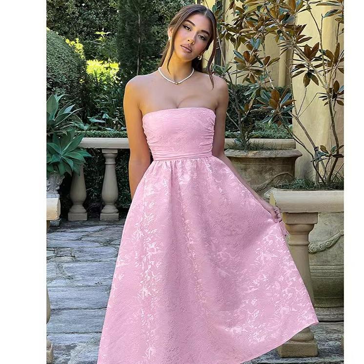 Jacquard Strapless Ruched Waist Fit and Flare Midi Dress