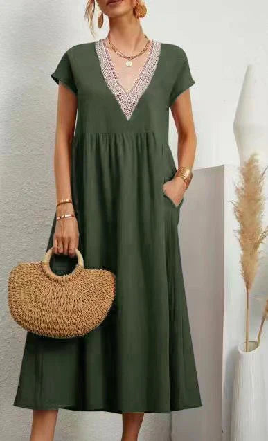 Lace Trim Border V-Neck Cap Sleeve Empire Waist Pocket Midi Dress