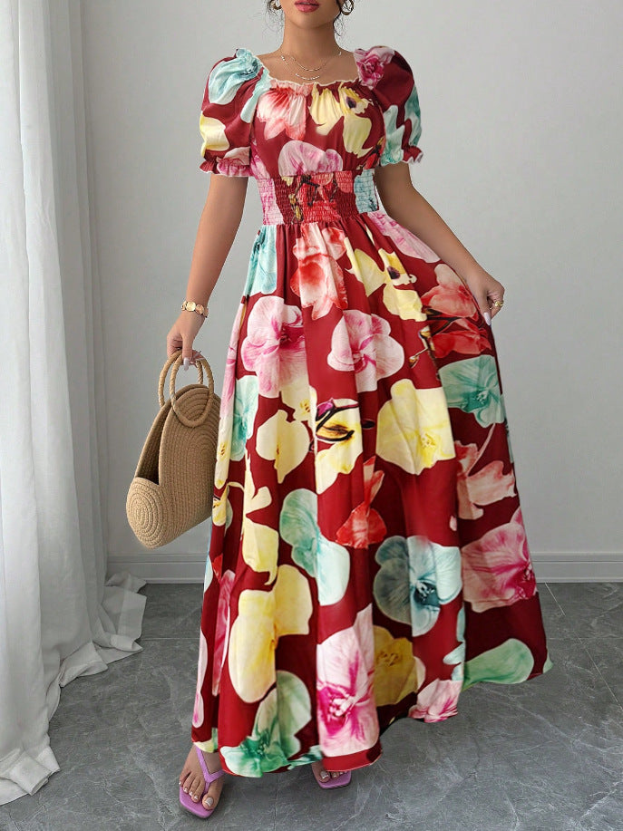 Floral Print Square Neck Puff Sleeve Smocked Waist A-Line Maxi Dress 6