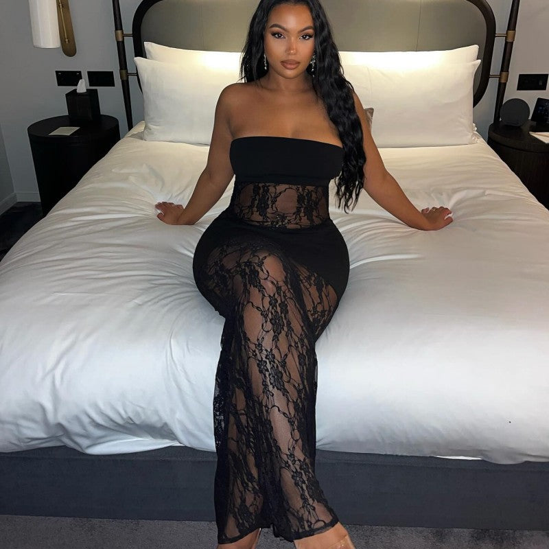 Summer Solid Color Sleeveless Sexy Lace Stitching Bandeau Slim Fit Dress