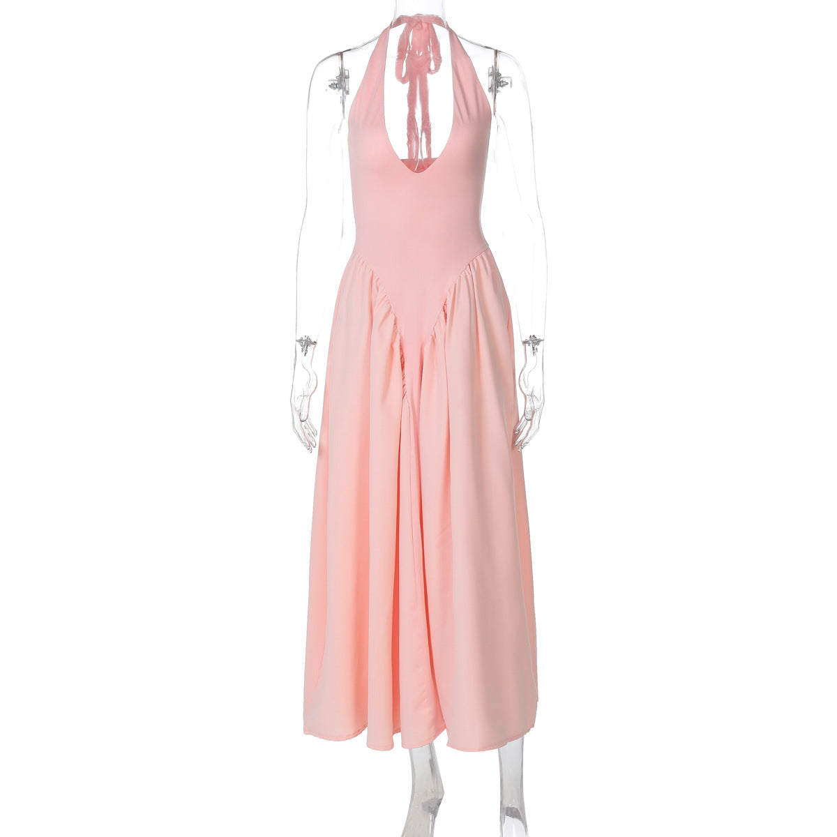 Halter Deep V-Neck Backless Satin Midi Dress 9