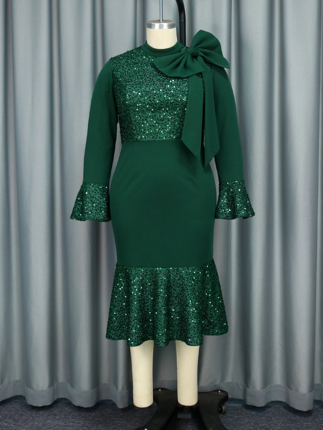 Sequin High Neck Bell Sleeve Fishtail Bodycon Midi Party Dress