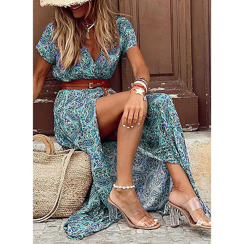 V-Neck Short Sleeve Belted High Split Tiered Boho Maxi Dress
