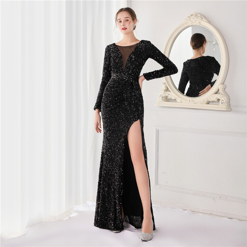 Sequin Long Sleeve V-Neck Ruched High Split Mermaid Gown