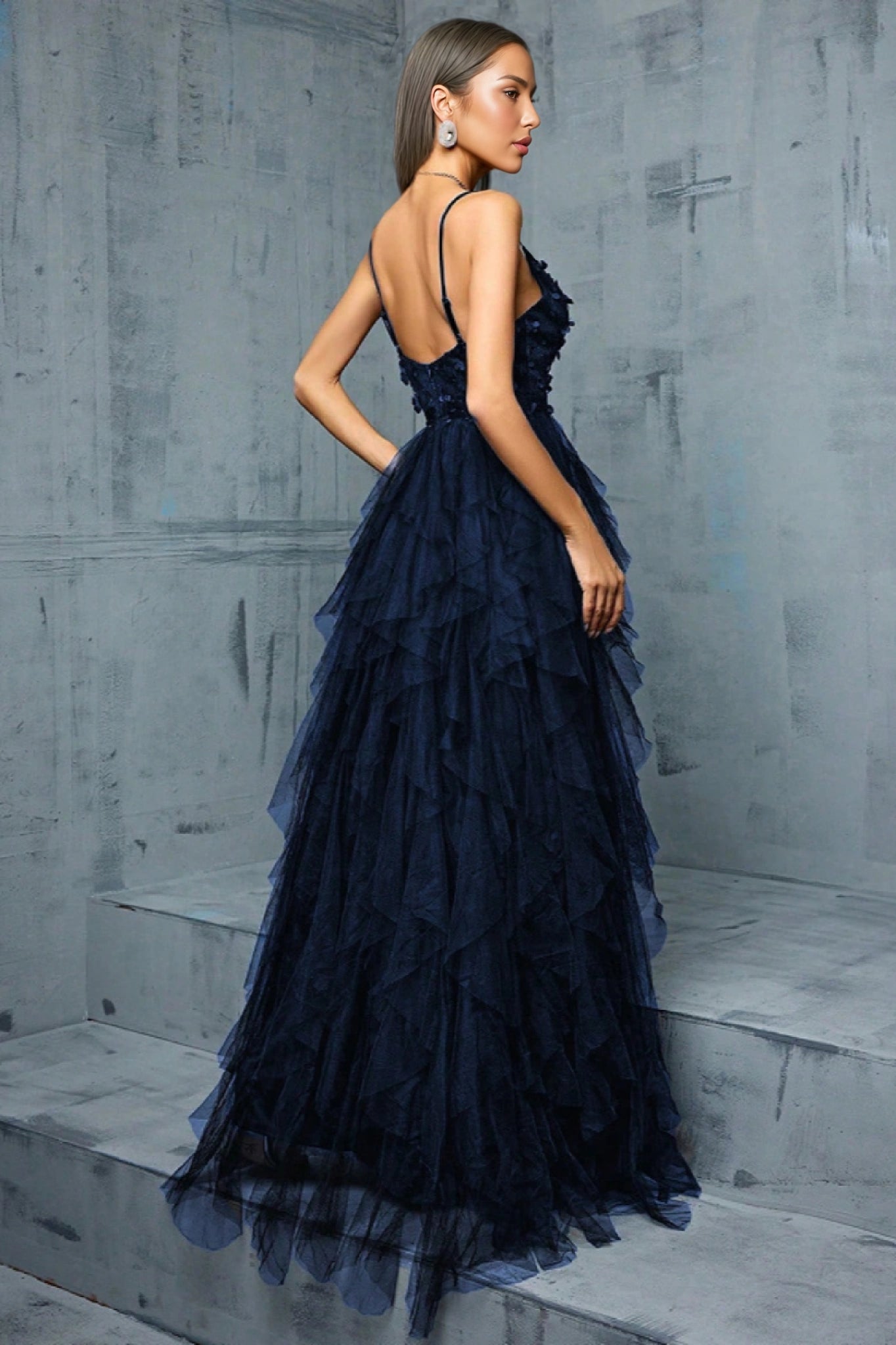 Valentina Blue Mesh Slit Maxi Dress - View 6