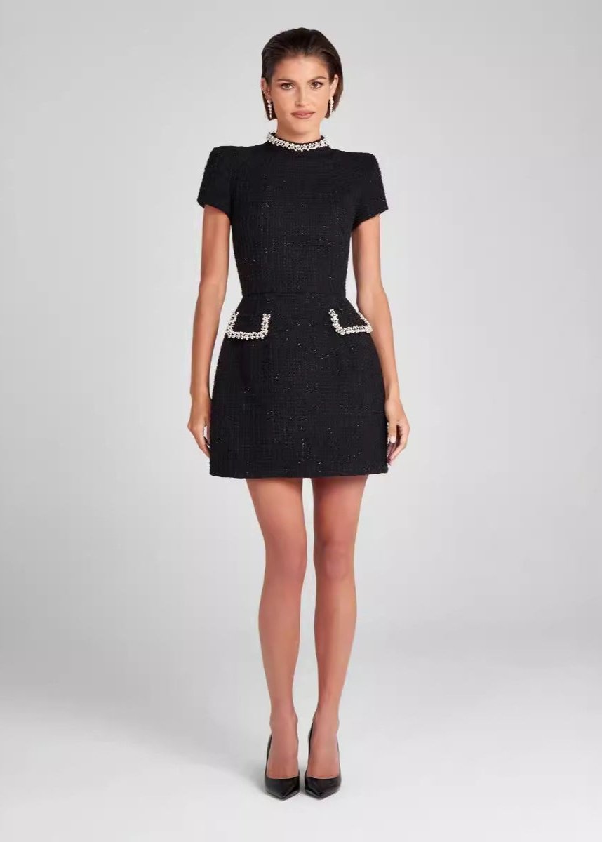 Pearl Crystal Trim Tweed Mock Neck Short Sleeve Patch Pocket Mini Dress