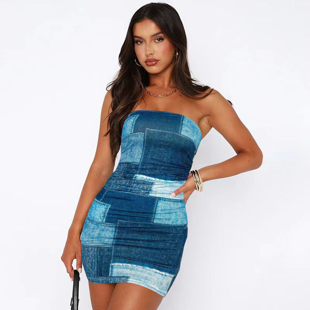 Denim Patchwork Print Strapless Tube Bodycon Mini Dress 2