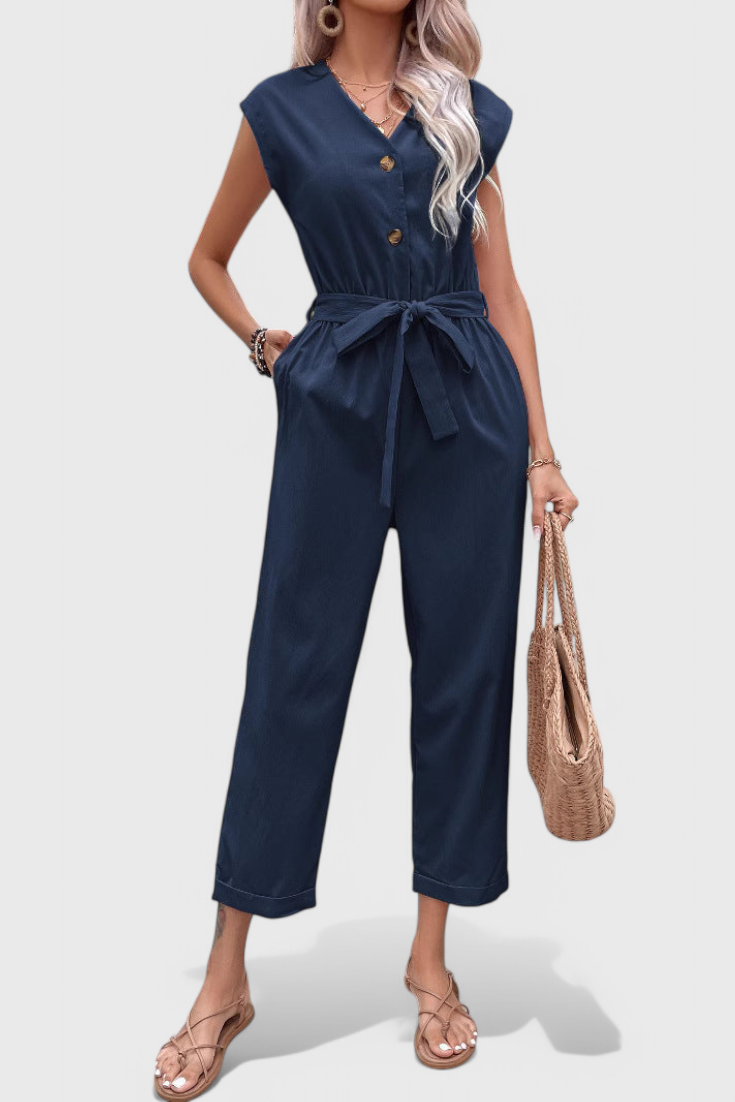 V-Neck Cap Sleeve Button Front Belted Tapered Jumpsuit