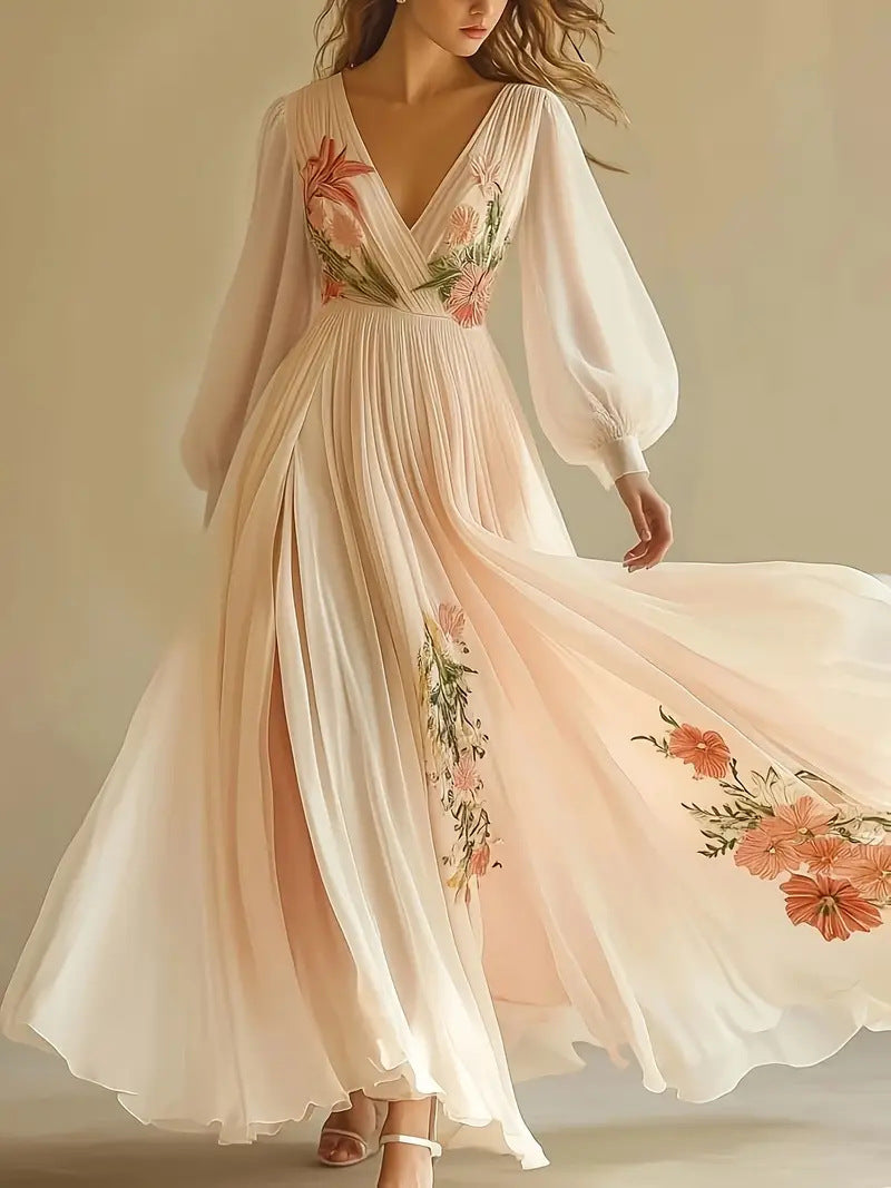Floral Embroidered Chiffon V-Neck Short Sleeve High Split Maxi Dress 4