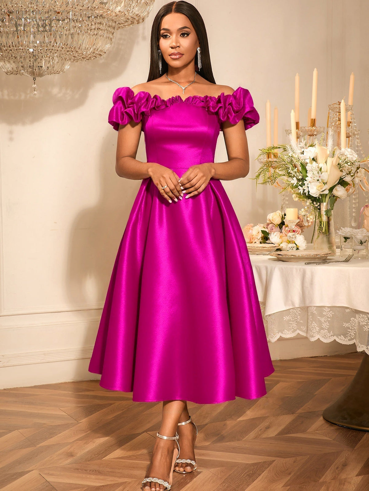 Satin Off Shoulder Puff Sleeve Pleated Fit and Flare Midi Dress - View 2