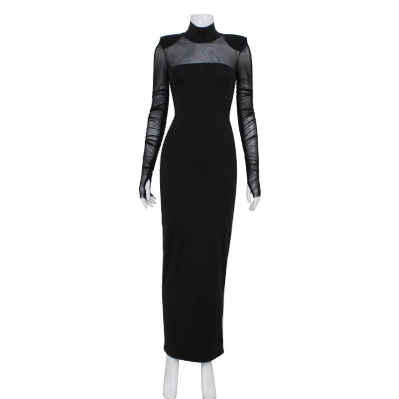 Sheer Mesh Mock Neck Padded Shoulder Ruched Long Sleeve Bodycon Dress 5