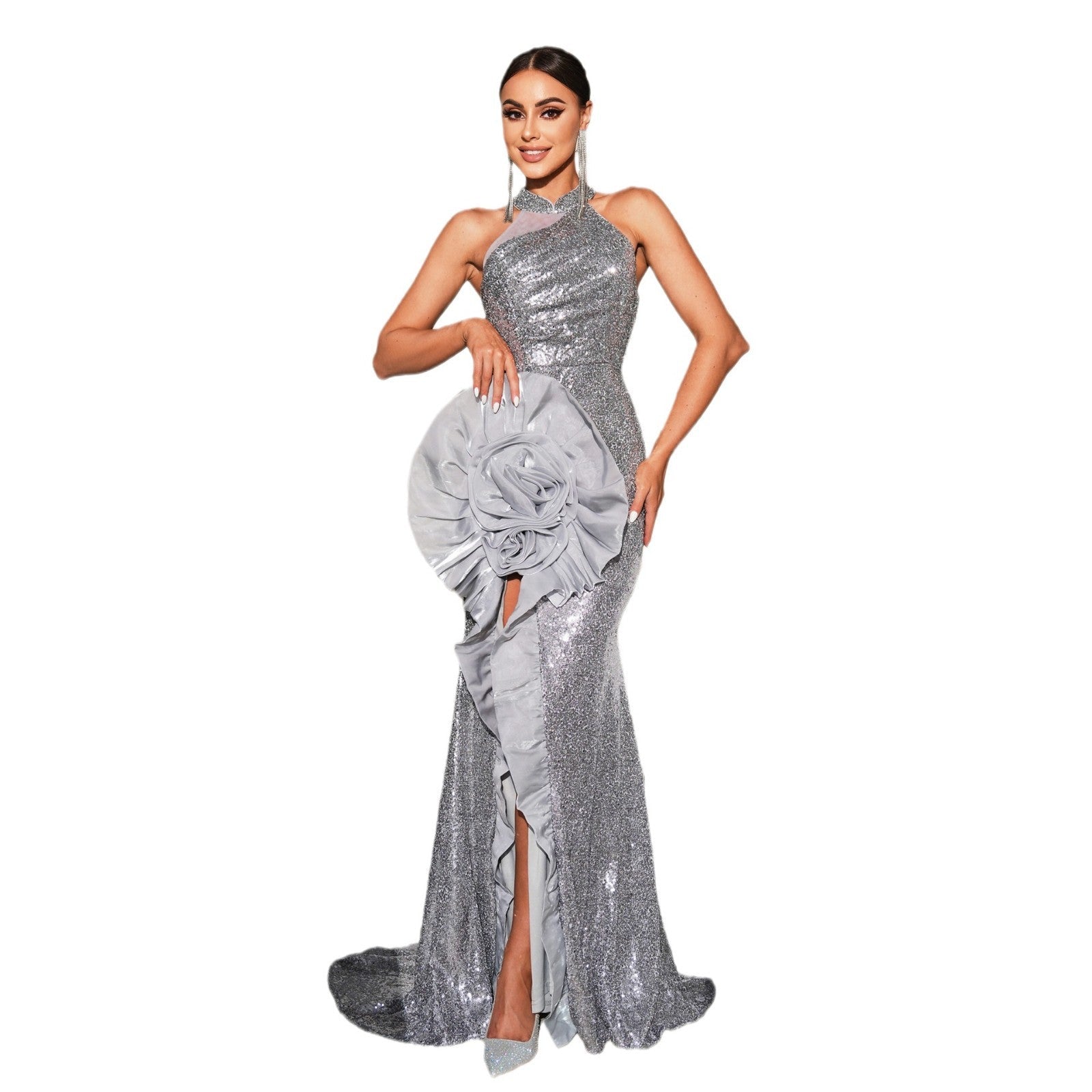 Sequin Halter Neck Hip Rosette Ruffle Trim High Split Maxi Gown