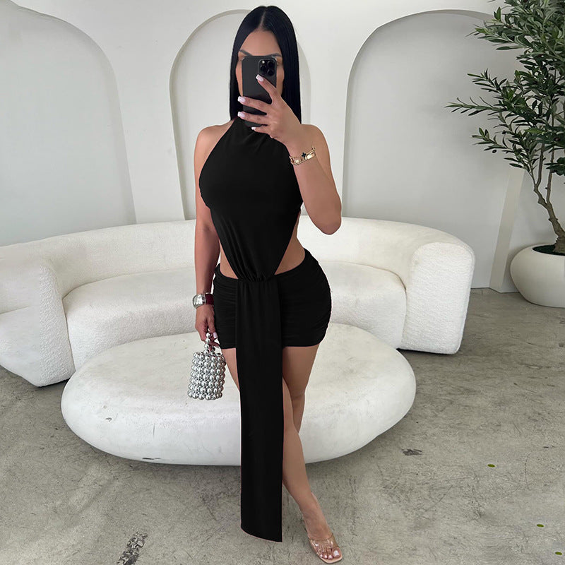 Mock Neck Halter Side Cut Out Ruched Mini Dress with Drape Panel 3