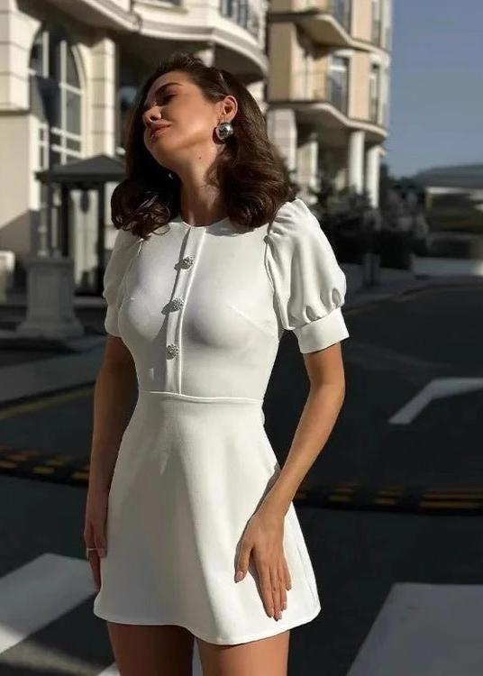 Pearl Button Peter Pan Collar Puff Sleeve A-Line Mini Dress