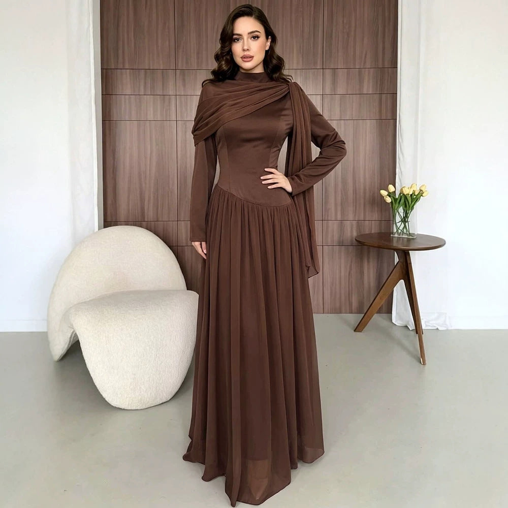 Chiffon Mock Neck Long Sleeve Scarf Drape Basque Waist Maxi Dress