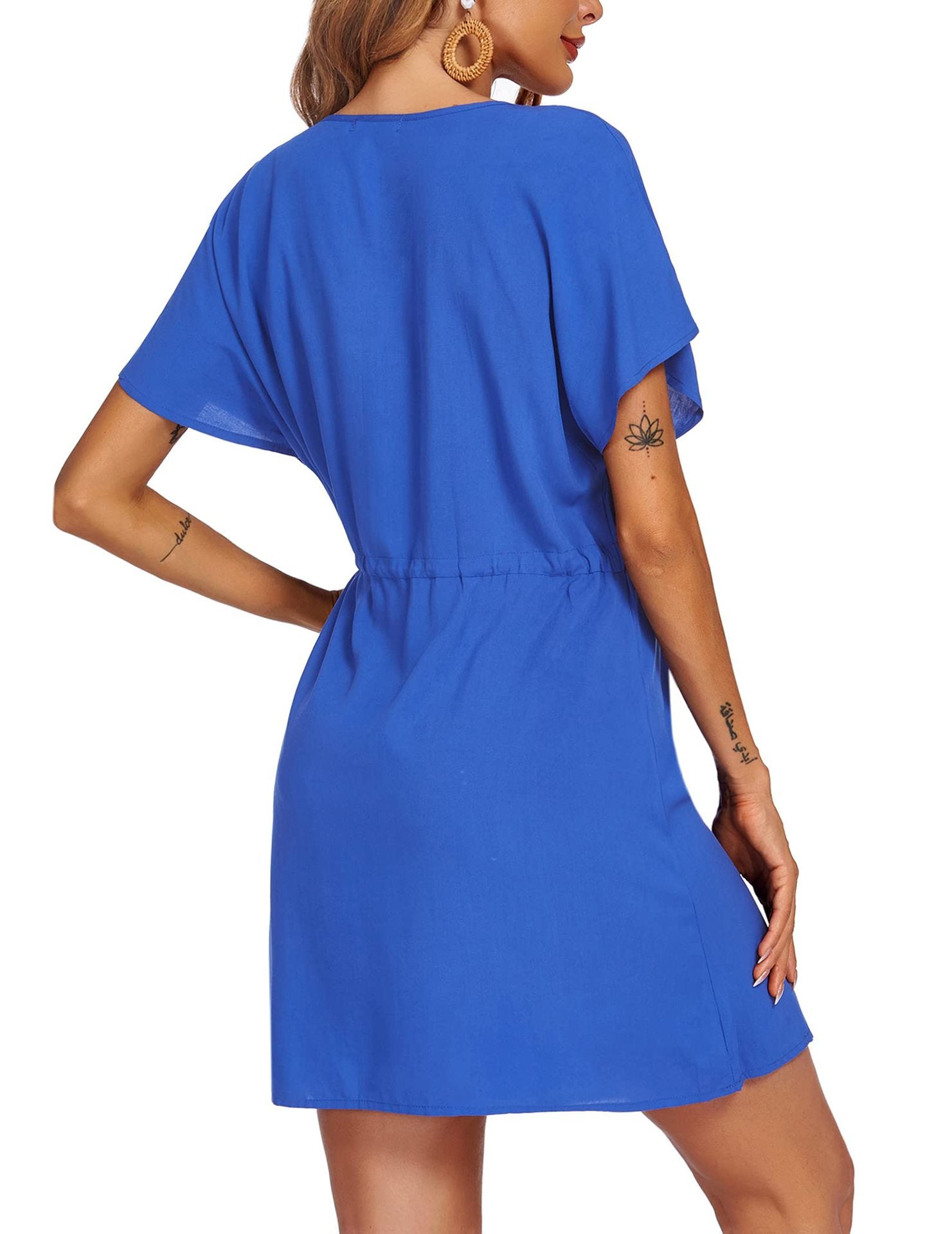 V-Neck Flutter Sleeve Drawstring Waist Summer Mini Dress