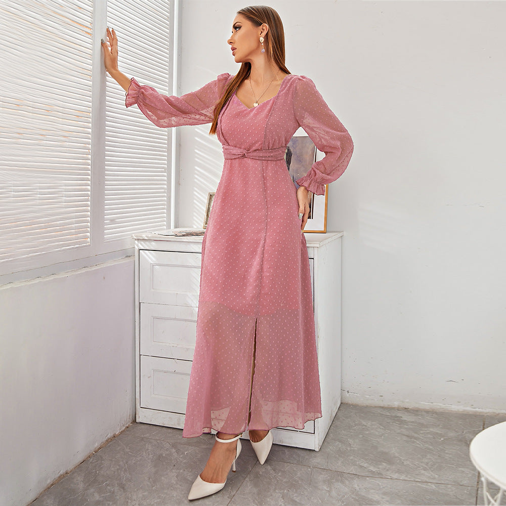 Dress Arrival Pink Voile Long Dress High Waist Slim Fit