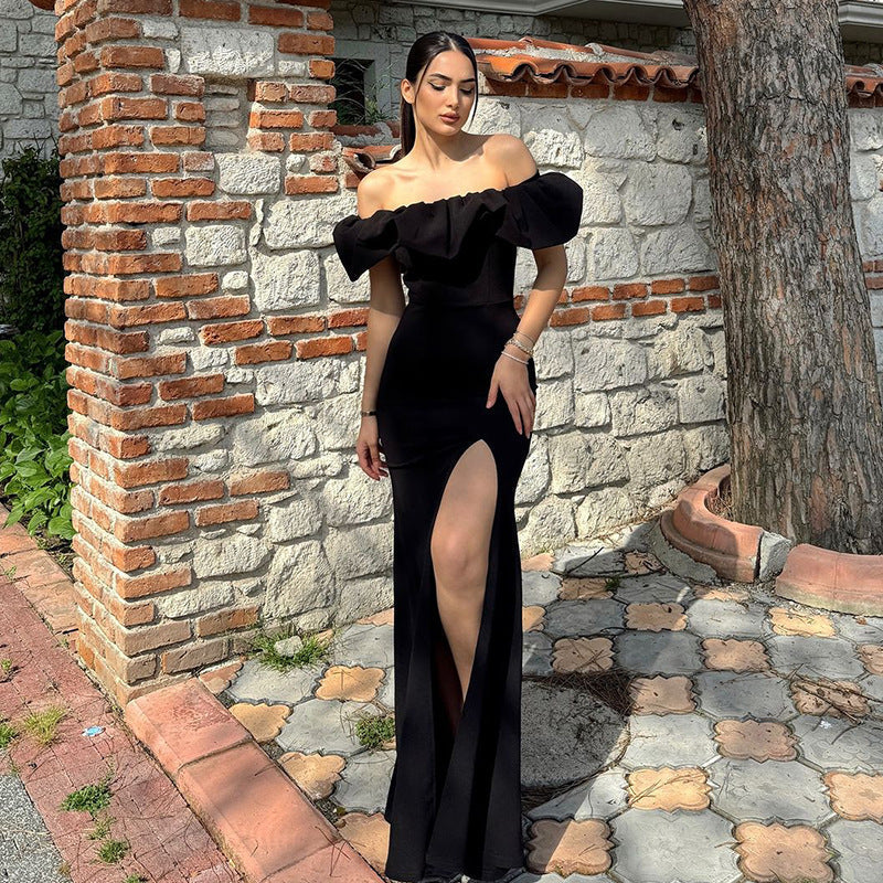 Off Shoulder Pleated High Split Formal Maxi Dress
