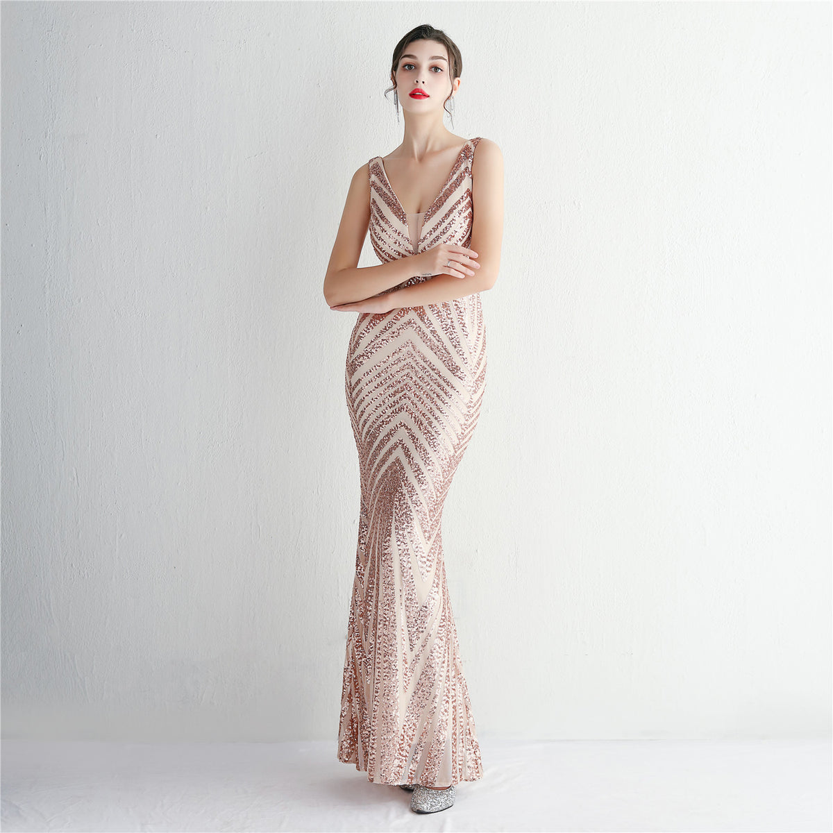 Chevron Sequin V-Neck Sleeveless Mermaid Evening Gown 8