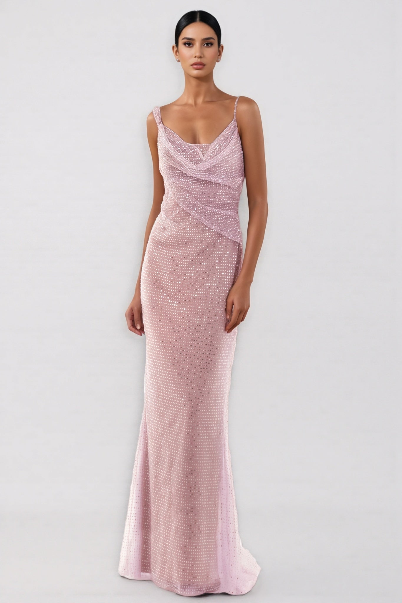 Sequin Cowl Neck Spaghetti Strap Ruched Mermaid Gown