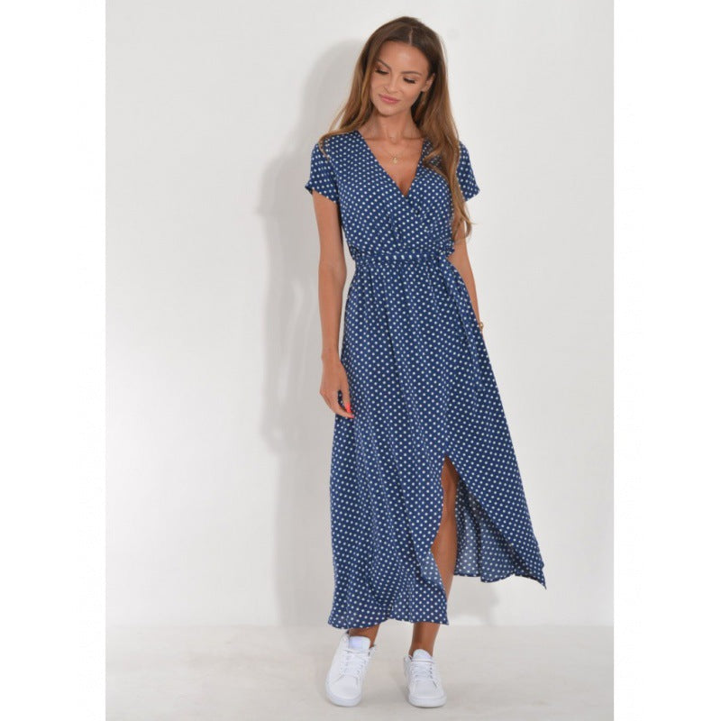 Floral Print Deep V-Neck Short Sleeve Wrap Belted High Split Maxi Summer Dress