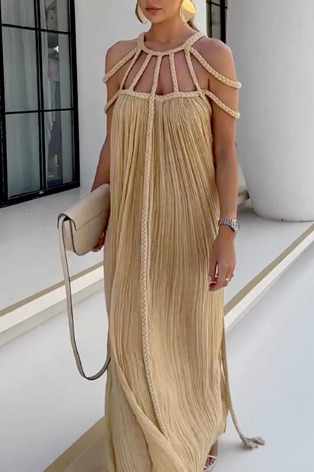 Drawstring Straps Shoulder Mesh Maxi Dress