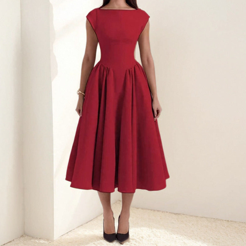 Boat Neck Cap Sleeve Drop Waist Pleated Fit and Flare Midi Dress 6