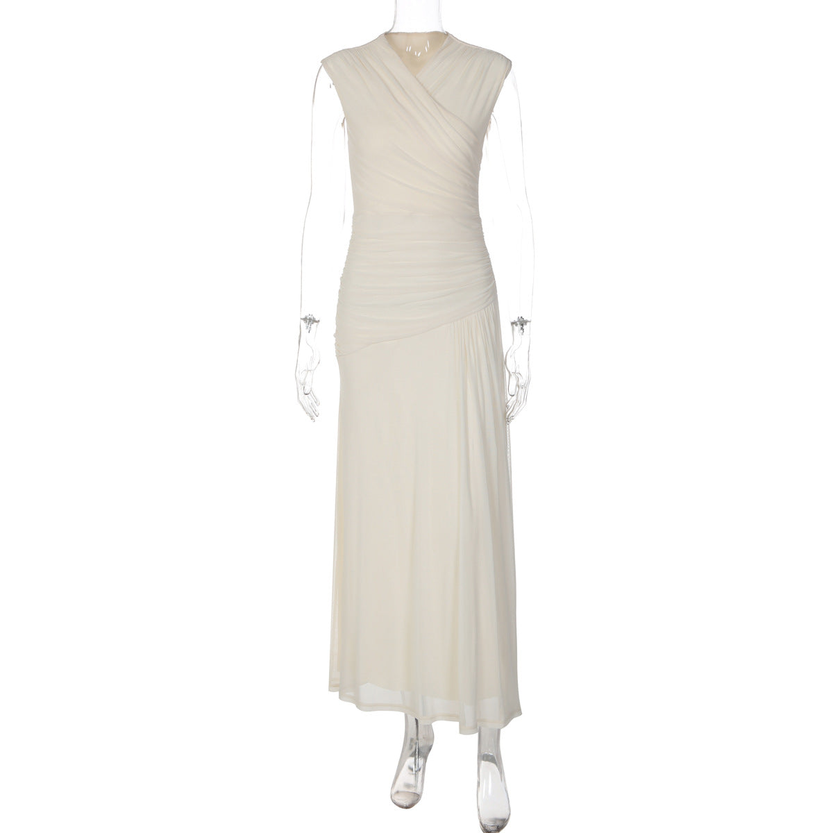 Sleeveless Ruched Surplice V-Neck Mesh Maxi Dress 5
