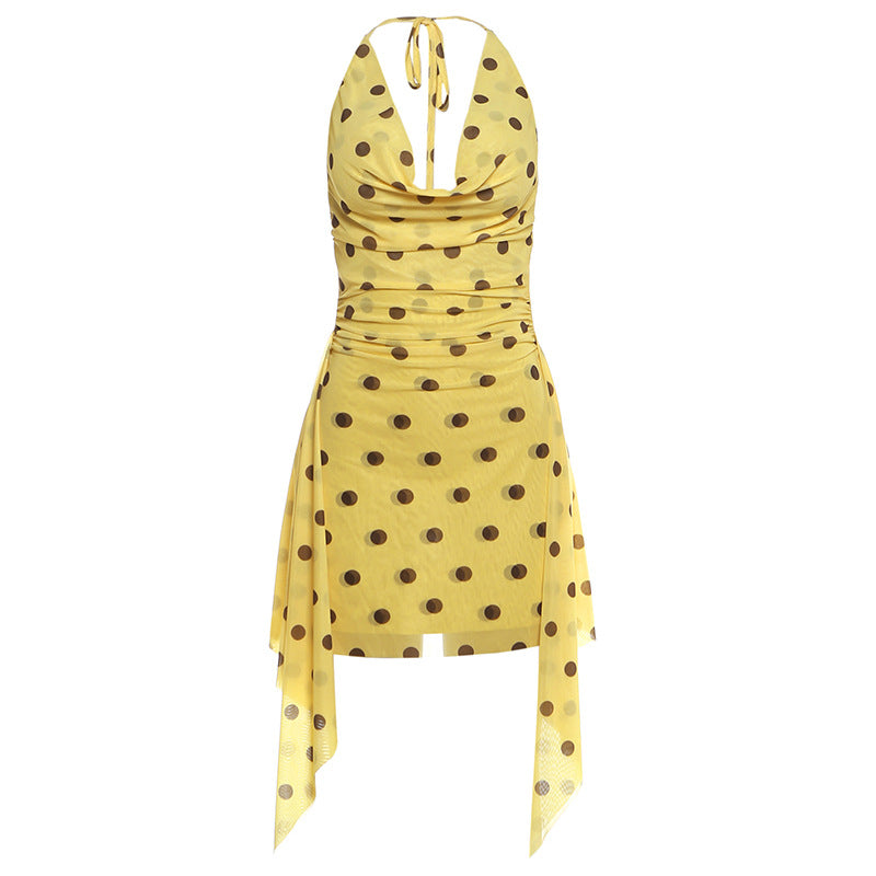 Polka Dot Chiffon Cowl Neck Halter Ruched Layered Hem Mini Dress 5