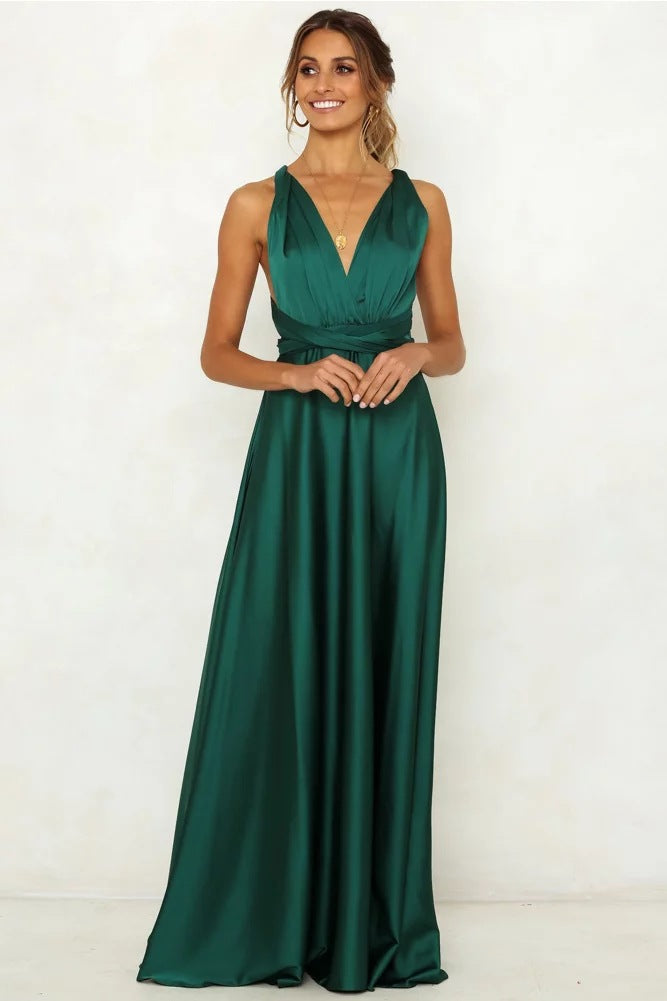 Spring Summer Solid Color Lace-up V-neck Chic Women Clothing Backless High Waist Dress Maxi Dress Maxi