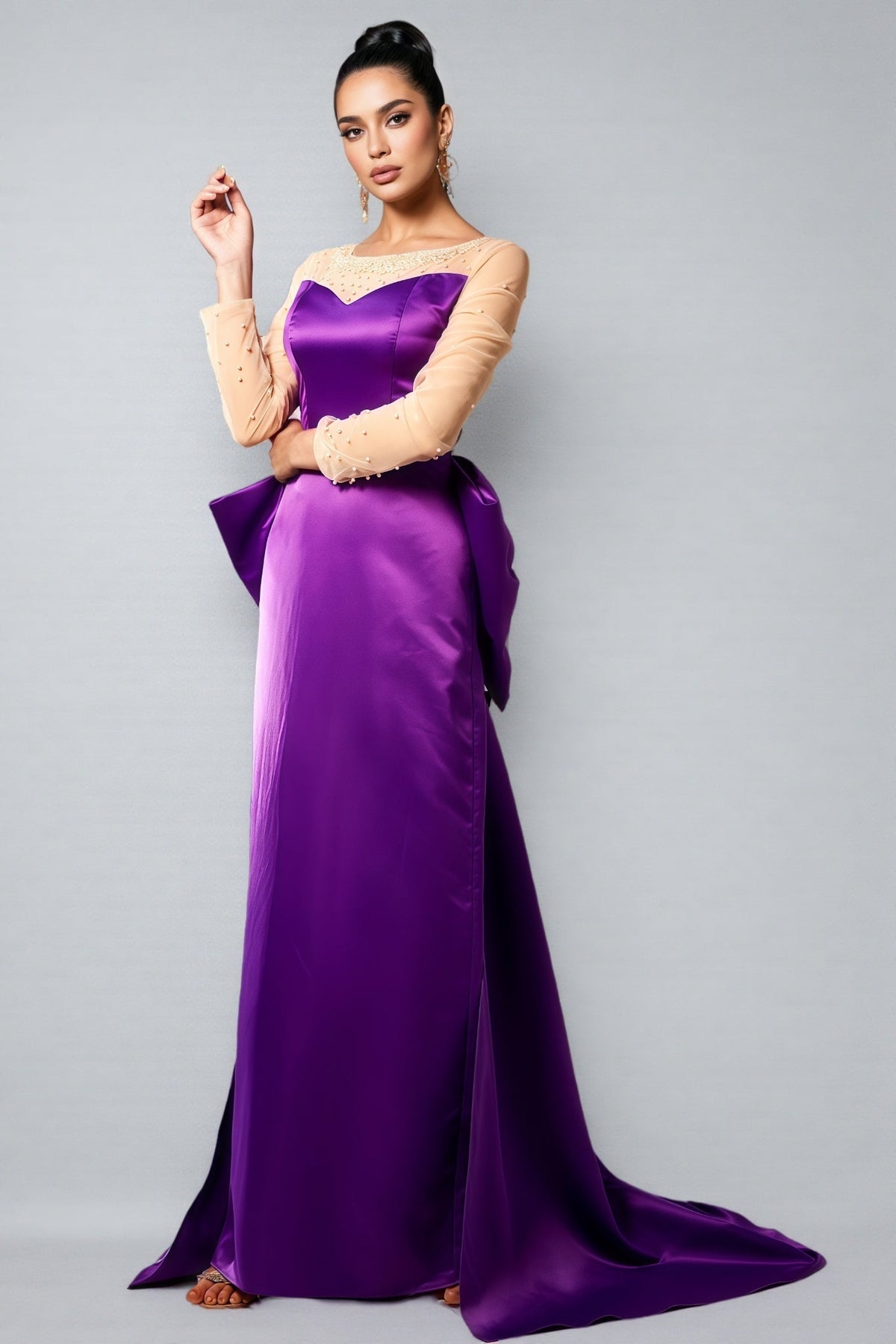 Pearl Embellished Sheer Mesh Yoke Long Sleeve Maxi Gown - View 4