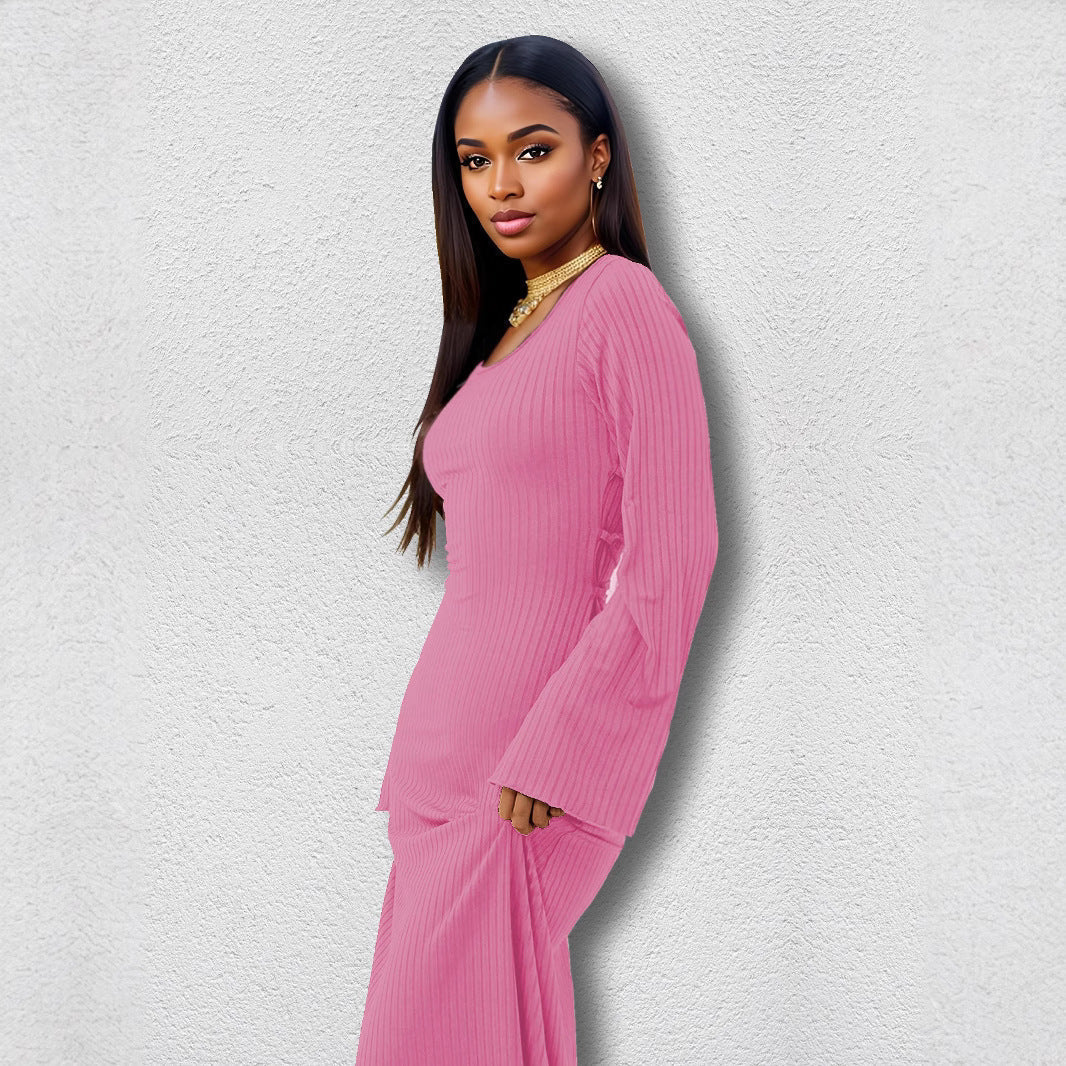 Ribbed Knit Scoop Neck Bell Sleeve Bodycon Maxi Dress