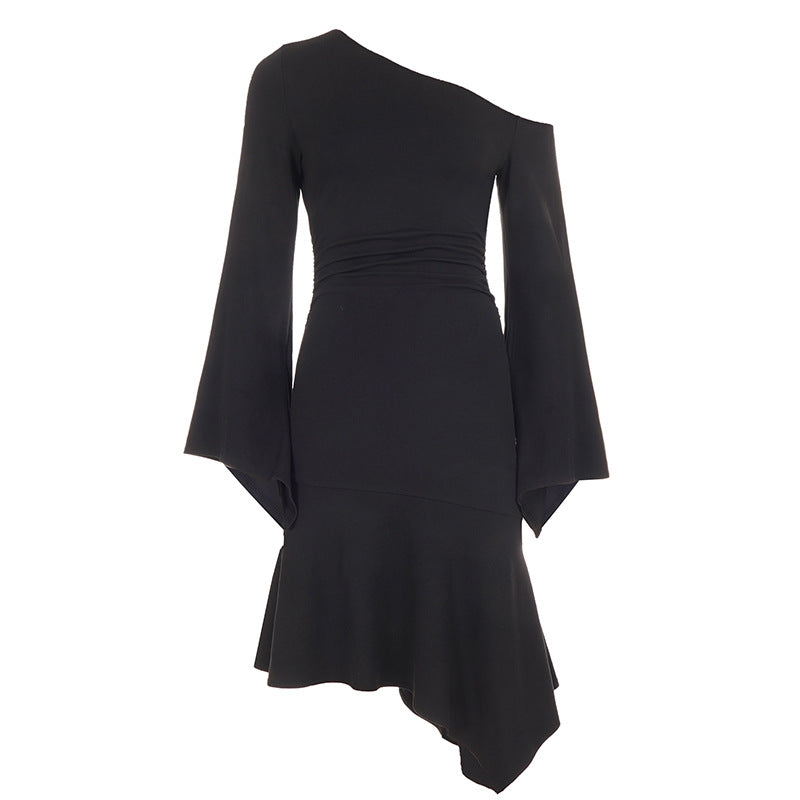 One Shoulder Bell Sleeve Ruched Asymmetric Hem Mini Dress 2